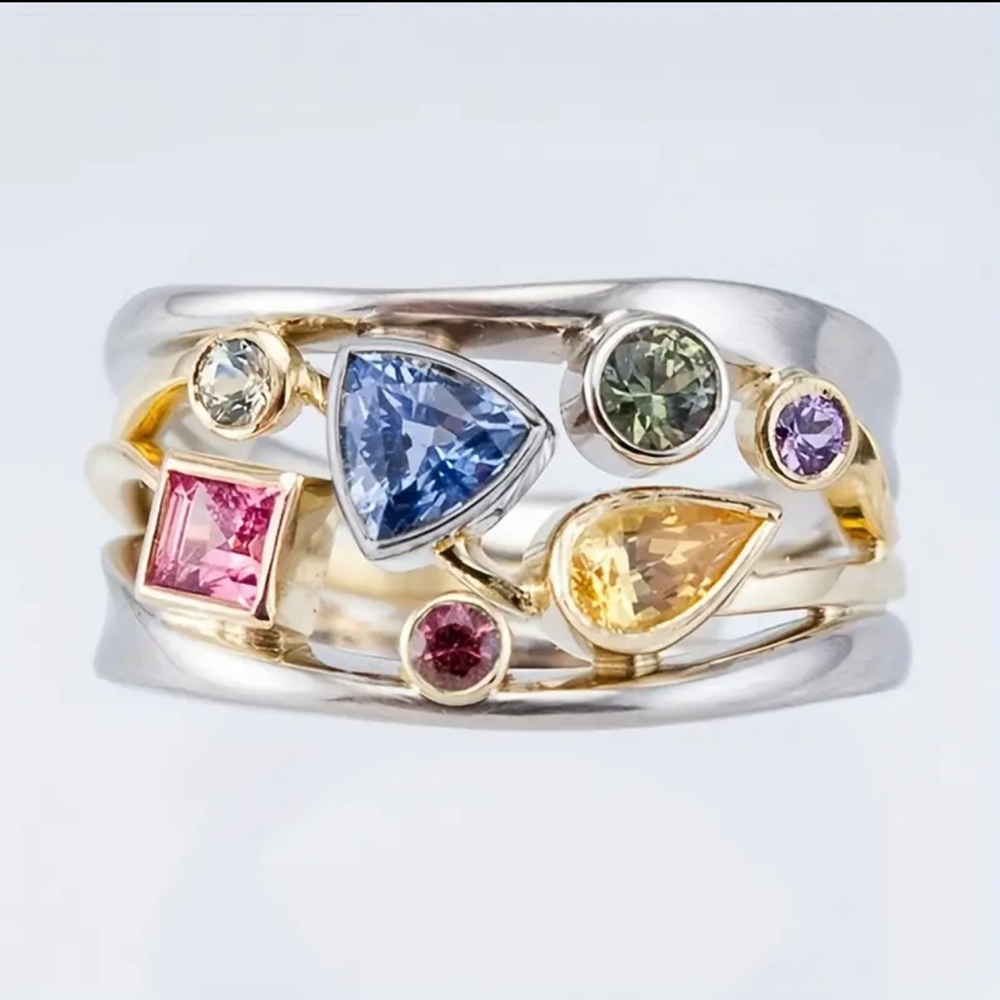 Elegant Multi-color Stone Silver and Gold Ring